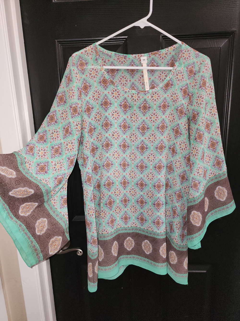 Uncle Frank Mint and Brown Printed Bell Sleeve Tunic